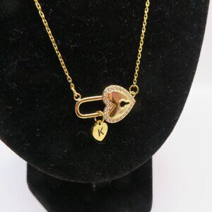 Heart Lock and Key Pendant Necklace with Initial K Gold Tone